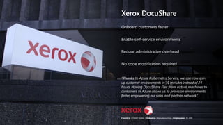 Xerox DocuShare
Onboard customers faster
Enable self-service environments
Reduce administrative overhead
No code modification required
“Thanks to Azure Kubernetes Service, we can now spin
up customer environments in 10 minutes instead of 24
hours. Moving DocuShare Flex from virtual machines to
containers in Azure allows us to provision environments
faster, empowering our sales and partner network”.
Country: United States | Industry: Manufacturing | Employees: 35.300
 