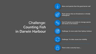 Challenge:
Counting Fish
in Darwin Harbour Challenge: 5x more water than Sydney Harbour
Challenge: 7m tides causes low visibility
There is also a security issue…..
More coral species than the great barrier reef
Shark species that are threatened or critically
endangered
Goal: ID species accurately to manage species
and stocks in the harbour
 