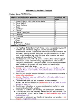 AS Pre-production Tasks Feedback
Student Name: ADAMS William
Task 1 – Pre-production: Research & Planning Evidence on
blog
1. Similar Products – film beginning analysis y
2. Genre Analysis y
3. Target Audience y
4. Script y
5. Storyboard y
6. Shotlist y
7. Layouts – floor plan y
8. Locations y
9. Costumes y
10.Props y
11.Actors y
12.Equipment y
13.Production schedule y
Teachers comments
1. Hot Fuzz/Pulp Fiction/Dark Knight Rises – some very good analysis with
confident use of technical language showing at times good
understanding of task. Good detail to show how narrative/characters are
introduced. Always analyse, some parts drift into description. Plus you
need to analyse all the technical elements, Mise-en-scene and sound
barely gets a mention in Pulp Fiction
2. Great detail on genre, with sub-genres identified. Presentation is good
with images added. Detail on history is good with sine detail on how
changes in society reflect changes in genre. Box office analysis used to
show popularity. A nice post has been added to show common
conventions used in the genre.
3. Missing - some very nice detail on TA with info on how audience will be
engaged. Would have benefitted from actual evidence of research into
TA for genre.
4. A good opening to the genre script introducing characters and narrative –
please reformat dialogue.
5. Missing – drawings are crude but lots of key information added on shot
type and movement
6. Good detail on shots with info on camera, location and cast
7. Rushed and hard to understand - please redo - work has been reposted
with lots of good info.
8. Good images of locations to be used, good detail as to why they were
chosen and suitability for narrative.
9. Nice detail on costumes and how they link to characters and narrative
10.Good detail on props and how they link to characters and narrative – but
why video tape? Why not a USB stick? You need to explain why? Some
explanation added.
11.Nice detail on actors and how they link to characters and narrative – add
images – images now added.
 