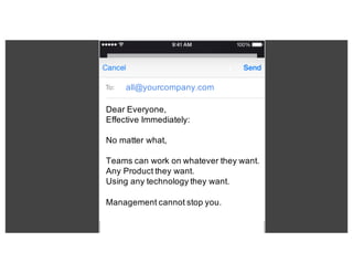 all@yourcompany.com
Dear  Everyone,
Effective  Immediately:
No  matter  what,
Teams  can  work  on  whatever  they  want.
...