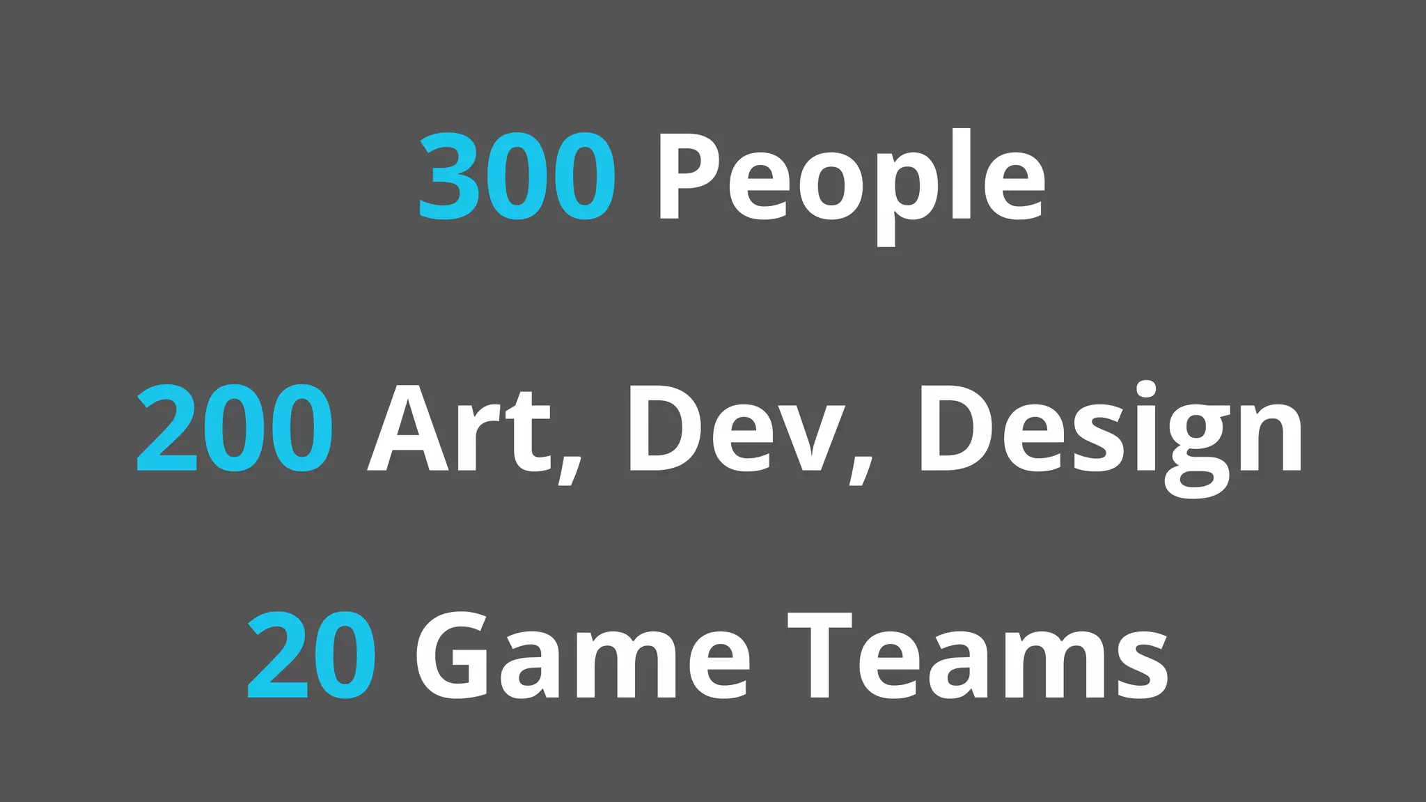 20 Game Teams
300 People
200 Art, Dev, Design
 