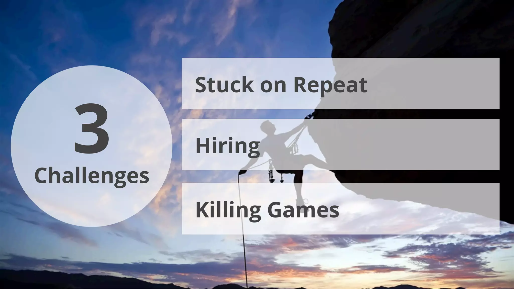 3Challenges
Stuck on Repeat
Hiring
Killing Games
 