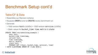 Benchmark Setup cont’d
Table/CF & Data
• Resembles our Riemann schema
• Keyspace DROPed and re-CREATEd every benchmark run
• Generate:
• 1000 random hosts (UUIDs) × 1000 random services (UUIDs)
• Static values for bucket_time, time, metric & state
CREATE TABLE microbatching.example (
host text,
bucket_time timestamp,
service text,
time timestamp,
metric double,
state text,
PRIMARY KEY ((host, bucket_time, service), time)
) WITH CLUSTERING ORDER BY (time DESC);
 