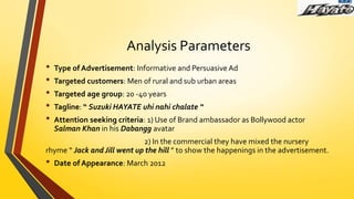 Analysis Parameters
• Type of Advertisement: Informative and Persuasive Ad
• Targeted customers: Men of rural and sub urban areas
• Targeted age group: 20 -40 years
• Tagline: “ Suzuki HAYATE uhi nahi chalate “
• Attention seeking criteria: 1) Use of Brand ambassador as Bollywood actor
Salman Khan in his Dabangg avatar
2) In the commercial they have mixed the nursery
rhyme “ Jack and Jill went up the hill ” to show the happenings in the advertisement.
• Date of Appearance: March 2012
 