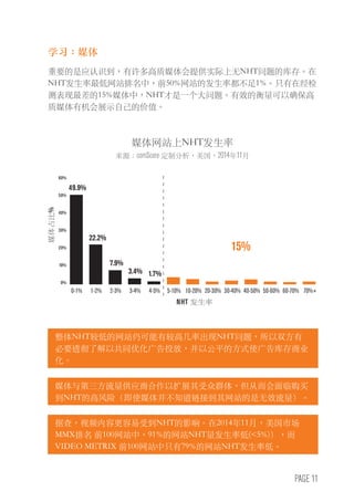 PAGE 11
学习：媒体
重要的是应认识到，有许多高质媒体会提供实际上无NHT问题的库存。在
NHT发生率最低网站排名中，前50%网站的发生率都不足1%。只有在经检
测表现最差的15%媒体中，NHT才是一个大问题。有效的衡量可以确保高
质媒体有机会展示自己的价值。
整体NHT较低的网站仍可能有较高几率出现NHT问题，所以双方有
必要透彻了解以共同优化广告投放，并以公平的方式使广告库存商业
化。
媒体与第三方流量供应商合作以扩展其受众群体，但从而会面临购买
到NHT的高风险（即使媒体并不知道链接到其网站的是无效流量）。
据查，视频内容更容易受到NHT的影响。在2014年11月，美国市场
MMX排名 前100网站中，91%的网站NHT量发生率低(<5%)），而
VIDEO METRIX 前100网站中只有79%的网站NHT发生率低。
媒体网站上NHT发生率
来源：comScore 定制分析，美国，2014年11月
媒体占比%
NHT 发生率
22.2%
49.9%
15%
7.9%
3.4% 1.7%
60%
50%
40%
30%
20%
10%
0%
0-1% 1-2% 2-3% 3-4% 4-5% 5-10% 10-20% 20-30% 30-40% 40-50% 50-60% 60-70% 70%+
 