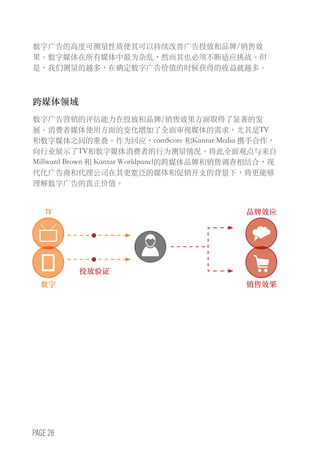 PAGE 28
TV 品牌效应
数字
投放验证
销售效果
数字广告的高度可测量性质使其可以持续改善广告投放和品牌/销售效
果。数字媒体在所有媒体中最为杂乱，然而其也必须不断适应挑战。但
是，我们测量的越多，在确定数字广告价值的时候获得的收益就越多。
跨媒体领域
数字广告营销的评估能力在投放和品牌/销售效果方面取得了显著的发
展。消费者媒体使用方面的变化增加了全面审视媒体的需求，尤其是TV
和数字媒体之间的重叠。作为回应，comScore 和Kantar Media 携手合作，
向行业展示了TV和数字媒体消费者的行为测量情况。将此全面观点与来自
Millward Brown 和 Kantar Worldpanel的跨媒体品牌和销售调查相结合，现
代化广告商和代理公司在其更宽泛的媒体和促销开支的背景下，将更能够
理解数字广告的真正价值。
 