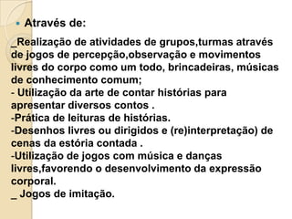 

Através de:

_Realização de atividades de grupos,turmas através
de jogos de percepção,observação e movimentos
livres do corpo como um todo, brincadeiras, músicas
de conhecimento comum;
- Utilização da arte de contar histórias para
apresentar diversos contos .
-Prática de leituras de histórias.
-Desenhos livres ou dirigidos e (re)interpretação) de
cenas da estória contada .
-Utilização de jogos com música e danças
livres,favorendo o desenvolvimento da expressão
corporal.
_ Jogos de imitação.

 