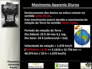 Movimento Aparente Diurno
Deslocamento dos Astros na esfera celeste no
sentido Leste-Oeste.
Este movimento ocorre devido o movimento de
rotação da Terra no sentido Oeste-Leste.
Período de rotação da Terra :
Dia Sideral: 23 h 56 min 4,1 seg.
Dia Solar: 24 h (referencial = Sol)
Velocidade de rotação = 1.670 km/h
(Perímetro = π.Φ => 3.1416 x 12.756 km =>
40.074 km / 24 h = 1.670 km/h)
 