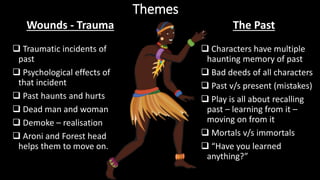 Themes
 Traumatic incidents of
past
 Psychological effects of
that incident
 Past haunts and hurts
 Dead man and woman
 Demoke – realisation
 Aroni and Forest head
helps them to move on.
 Characters have multiple
haunting memory of past
 Bad deeds of all characters
 Past v/s present (mistakes)
 Play is all about recalling
past – learning from it –
moving on from it
 Mortals v/s immortals
 “Have you learned
anything?”
Wounds - Trauma The Past
 