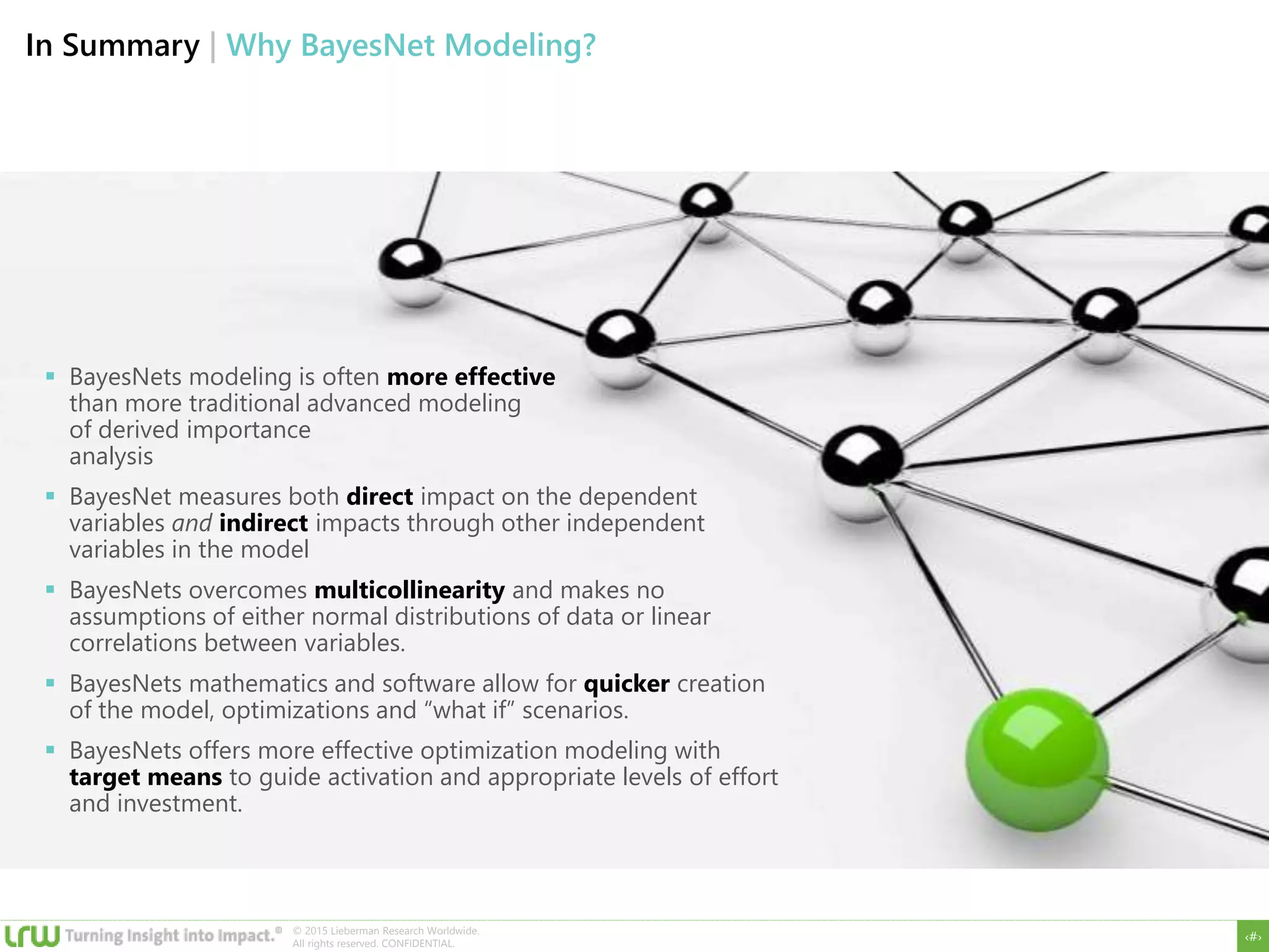 ‹#›
© 2015 Lieberman Research Worldwide.
All rights reserved. CONFIDENTIAL.
In Summary | Why BayesNet Modeling?
 BayesNets modeling is often more effective
than more traditional advanced modeling
of derived importance
analysis
 BayesNet measures both direct impact on the dependent
variables and indirect impacts through other independent
variables in the model
 BayesNets overcomes multicollinearity and makes no
assumptions of either normal distributions of data or linear
correlations between variables.
 BayesNets mathematics and software allow for quicker creation
of the model, optimizations and “what if” scenarios.
 BayesNets offers more effective optimization modeling with
target means to guide activation and appropriate levels of effort
and investment.
 