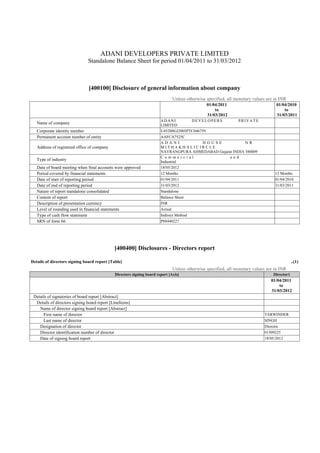ADANI DEVELOPERS PRIVATE LIMITED
Standalone Balance Sheet for period 01/04/2011 to 31/03/2012
[400100] Disclosure of general information about company
Unless otherwise specified, all monetary values are in INR
01/04/2011
to
31/03/2012
01/04/2010
to
31/03/2011
Name of company
ADANI DEVELOPERS PRIVATE
LIMITED
Corporate identity number U45200GJ2005PTC046759
Permanent account number of entity AAFCA7525C
Address of registered office of company
A D A N I H O U S E N R
M I T H A K H A L I C I R C L E
NAVRANGPURA AHMEDABAD Gujarat INDIA 380009
Type of industry
C o m m e r c i a l a n d
Industrial
Date of board meeting when final accounts were approved 18/05/2012
Period covered by financial statements 12 Months 12 Months
Date of start of reporting period 01/04/2011 01/04/2010
Date of end of reporting period 31/03/2012 31/03/2011
Nature of report standalone consolidated Standalone
Content of report Balance Sheet
Description of presentation currency INR
Level of rounding used in financial statements Actual
Type of cash flow statement Indirect Method
SRN of form 66 P88440227
[400400] Disclosures - Directors report
Details of directors signing board report [Table] ..(1)
Unless otherwise specified, all monetary values are in INR
Directors signing board report [Axis] Director1
01/04/2011
to
31/03/2012
Details of signatories of board report [Abstract]
Details of directors signing board report [LineItems]
Name of director signing board report [Abstract]
First name of director TARWINDER
Last name of director SINGH
Designation of director Director
Director identification number of director 01509225
Date of signing board report 18/05/2012
 