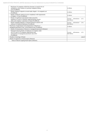 4
ADANI ESTATES PRIVATE LIMITED Standalone Financial Statements for period 01/04/2019 to 31/03/2020
Disclosure of companies which have become or ceased to be its
subsidiaries, joint ventures or associate companies during
year [TextBlock]
As Below
Details relating to deposits covered under chapter v of companies act
[TextBlock]
As Below
Details of deposits which are not in compliance with requirements
of chapter v of act [TextBlock]
As Below
Details of significant and material orders passed by
regulators or courts or tribunals impacting going concern
status and company’s operations in future [TextBlock]
Textual information (13)
[See below]
Details regarding adequacy of internal financial controls with
reference to financial statements [TextBlock]
Textual information (14)
[See below]
Disclosure of appointment and remuneration of director or
managerial personnel if any, in the financial year [TextBlock]
As Below
Details of remuneration of director or managerial personnel [Abstract]
Statement showing details of employees of company under
rule 5(2) and (3) of companies appointment and
remuneration of managerial personnels rules 2014
[TextBlock]
Textual information (15)
[See below]
Number of meetings of board [pure] 9
Details of signatories of board report [Abstract]
Name of director signing board report [Abstract]
 