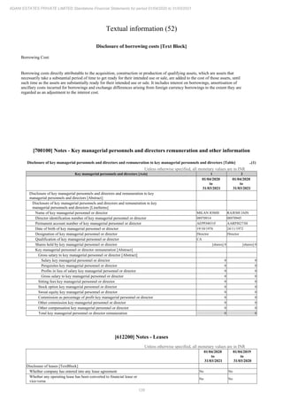 128
ADANI ESTATES PRIVATE LIMITED Standalone Financial Statements for period 01/04/2020 to 31/03/2021
Textual information (52)
Disclosure of borrowing costs [Text Block]
Borrowing Cost:
Borrowing costs directly attributable to the acquisition, construction or production of qualifying assets, which are assets that
necessarily take a substantial period of time to get ready for their intended use or sale, are added to the cost of those assets, until
such time as the assets are substantially ready for their intended use or sale. It includes interest on borrowings, amortisation of
ancillary costs incurred for borrowings and exchange differences arising from foreign currency borrowings to the extent they are
regarded as an adjustment to the interest cost.
[700100] Notes - Key managerial personnels and directors remuneration and other information
Disclosure of key managerial personnels and directors and remuneration to key managerial personnels and directors [Table] ..(1)
Unless otherwise specified, all monetary values are in INR
Key managerial personnels and directors [Axis] 1 2
01/04/2020
to
31/03/2021
01/04/2020
to
31/03/2021
Disclosure of key managerial personnels and directors and remuneration to key
managerial personnels and directors [Abstract]
Disclosure of key managerial personnels and directors and remuneration to key
managerial personnels and directors [LineItems]
Name of key managerial personnel or director MILAN JOSHI RAJESH JAIN
Director identification number of key managerial personnel or director 08970914 08970945
Permanent account number of key managerial personnel or director AEPPJ4831F AARPJ8273H
Date of birth of key managerial personnel or director 19/10/1976 24/11/1972
Designation of key managerial personnel or director Director Director
Qualification of key managerial personnel or director CA
Shares held by key managerial personnel or director [shares] 0 [shares] 0
Key managerial personnel or director remuneration [Abstract]
Gross salary to key managerial personnel or director [Abstract]
Salary key managerial personnel or director 0 0
Perquisites key managerial personnel or director 0 0
Profits in lieu of salary key managerial personnel or director 0 0
Gross salary to key managerial personnel or director 0 0
Sitting fees key managerial personnel or director 0 0
Stock option key managerial personnel or director 0 0
Sweat equity key managerial personnel or director 0 0
Commission as percentage of profit key managerial personnel or director 0 0
Other commission key managerial personnel or director 0 0
Other compensation key managerial personnel or director 0 0
Total key managerial personnel or director remuneration 0 0
[612200] Notes - Leases
Unless otherwise specified, all monetary values are in INR
01/04/2020
to
31/03/2021
01/04/2019
to
31/03/2020
Disclosure of leases [TextBlock]
Whether company has entered into any lease agreement No No
Whether any operating lease has been converted to financial lease or
vice-versa
No No
 