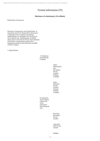 140
ADANI ESTATES PRIVATE LIMITED Standalone Financial Statements for period 01/04/2020 to 31/03/2021
Textual information (55)
Disclosure of related party [Text Block]
Related Party Transactions
Disclosure of transactions with related Parties, as
required by Ind AS 24 “Related Party Disclosures”
as specified in the Companies (Accounting
standard) Rules (As amended), 2015 has been set
out in separate note. Related parties as defined
under clause 9 of the Ind AS 24 have been identified
on the basis of representation made by Key
management personnel and information available
with the Company.
1. Related Parties
A. Enterprises
controlling the
Company
Adani
Infrastructure
and
Developers
Private
Limited-
Holding
Company
Adani
Properties
Private
Limited -
Ultimate
Holding
Company
B. Enterprises
under common
control with
whom
transactions
done during the
year:
Real Deal
Developers
Private
Limited
Adani Rail
Infra Private
Limited
Budhpur
 