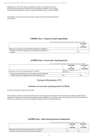 148
ADANI ESTATES PRIVATE LIMITED Standalone Financial Statements for period 01/04/2020 to 31/03/2021
Management is of the view that any incremental outflow in this regard can only be
determined once the position being taken by the regulatory authorities in this regard is
known and the Management is able to evaluate all possible courses of action available.
Accordingly, no provision has been currently recognized in these Financial Statements
in this regard.
[700200] Notes - Corporate social responsibility
Unless otherwise specified, all monetary values are in INR
01/04/2020
to
31/03/2021
Disclosure of corporate social responsibility explanatory [TextBlock]
Whether provisions of corporate social responsibility are applicable on
company
No
[610500] Notes - Events after reporting period
Unless otherwise specified, all monetary values are in INR
01/04/2020
to
31/03/2021
01/04/2019
to
31/03/2020
Disclosure of events after reporting period [TextBlock]
Textual information (57)
[See below]
Disclosure of non-adjusting events after reporting period [TextBlock]
Whether there are non adjusting events after reporting period No No
Textual information (57)
Disclosure of events after reporting period [Text Block]
Events occurring after the Balance sheet Date
The Company evaluates events and transactions that occur subsequent to the balance sheet date but prior to approval of the financial
statements to determine the necessity for recognition and/or reporting of any of these events and transactions in the financial statements.
There are no subsequent events to be recognized or reported that are not already disclosed.
[612500] Notes - Share-based payment arrangements
Unless otherwise specified, all monetary values are in INR
01/04/2020
to
31/03/2021
01/04/2019
to
31/03/2020
Disclosure of share-based payment arrangements [TextBlock]
Whether there are any share based payment arrangement No No
 