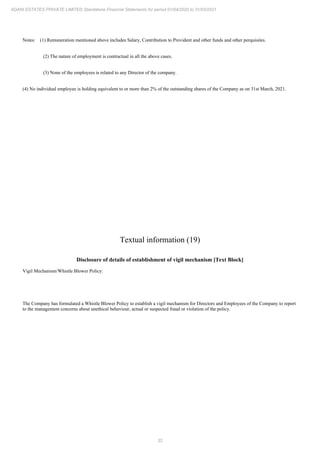 32
ADANI ESTATES PRIVATE LIMITED Standalone Financial Statements for period 01/04/2020 to 31/03/2021
Notes: (1) Remuneration mentioned above includes Salary, Contribution to Provident and other funds and other perquisites.
(2) The nature of employment is contractual in all the above cases.
(3) None of the employees is related to any Director of the company.
(4) No individual employee is holding equivalent to or more than 2% of the outstanding shares of the Company as on 31st March, 2021.
Textual information (19)
Disclosure of details of establishment of vigil mechanism [Text Block]
Vigil Mechanism/Whistle Blower Policy:
The Company has formulated a Whistle Blower Policy to establish a vigil mechanism for Directors and Employees of the Company to report
to the management concerns about unethical behaviour, actual or suspected fraud or violation of the policy.
 