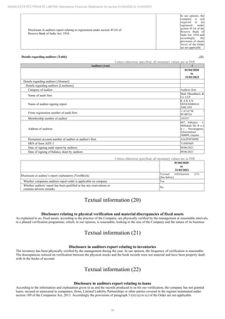 35
ADANI ESTATES PRIVATE LIMITED Standalone Financial Statements for period 01/04/2020 to 31/03/2021
Disclosure in auditors report relating to registration under section 45-IA of
Reserve Bank of India Act, 1934
In our opinion, the
company is not
required to be
registered under
section 45 IA of the
Reserve Bank of
India Act, 1934 and
accordingly, the
provisions of clause
3(xvi) of the Order
are not applicable
Details regarding auditors [Table] ..(1)
Unless otherwise specified, all monetary values are in INR
Auditors [Axis] 1
01/04/2020
to
31/03/2021
Details regarding auditors [Abstract]
Details regarding auditors [LineItems]
Category of auditor Auditors firm
Name of audit firm
Shah Dhandharia &
Co. LLP
Name of auditor signing report
K A R A N
DINESHBHAI
AMLANI
Firms registration number of audit firm
118707W /
W100724
Membership number of auditor 193557
Address of auditors
807, Abhijeet - I,
Mithakali SIx R o a
d s , Navrangpura,
Ahmedabad -
380009, Gujarat
Permanent account number of auditor or auditor's firm AAGFM7049H
SRN of form ADT-1 T18405605
Date of signing audit report by auditors 09/06/2021
Date of signing of balance sheet by auditors 09/06/2021
Unless otherwise specified, all monetary values are in INR
01/04/2020
to
31/03/2021
Disclosure in auditor’s report explanatory [TextBlock]
Textual information (35)
[See below]
Whether companies auditors report order is applicable on company Yes
Whether auditors' report has been qualified or has any reservations or
contains adverse remarks
No
Textual information (20)
Disclosure relating to physical verification and material discrepancies of fixed assets
As explained to us, fixed assets, according to the practice of the Company, are physically verified by the management at reasonable intervals,
in a phased verification programme, which, in our opinion, is reasonable, looking to the size of the Company and the nature of its business
Textual information (21)
Disclosure in auditors report relating to inventories
The inventory has been physically verified by the management during the year. In our opinion, the frequency of verification is reasonable.
The discrepancies noticed on verification between the physical stocks and the book records were not material and have been properly dealt
with in the books of account
Textual information (22)
Disclosure in auditors report relating to loans
According to the information and explanation given to us and the records produced to us for our verification, the company has not granted
loans, secured or unsecured to companies, firms, Limited Liability Partnerships or other parties covered in the register maintained under
section 189 of the Companies Act, 2013. Accordingly the provisions of paragraph 3 (iii) (a) to (c) of the Order are not applicable
 
