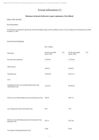 5
ADANI ESTATES PRIVATE LIMITED Standalone Financial Statements for period 01/04/2020 to 31/03/2021
Textual information (1)
Disclosure in board of directors report explanatory [Text Block]
DIRECTORS' REPORT
Dear Shareholders,
Your Directors are pleased to present the 16th Annual Report along with the audited accounts of your Company for the financial year ended
on March 31, 2021.
Financial Results/Highlights
(Rs. in lakhs)
Particulars
For the year ended 31st
March, 2021
For the year ended 31st
March, 2020
Revenue from operations 12,186.83 17,724.46
Other Income
2,407.67 2,428.67
Total Revenue 14,594.50 20,153.13
Less:
Expenditure for the year excluding Depreciation and
Amortization Exp.
14,195.51 20,798.30
Profit or (Loss) before Depreciation and Amortization Exp. 398.99 (645.17)
Less: Depreciation and Amortization Exp. 6.86 7.94
Profit or (Loss) after Depreciation and Amortization Exp.
But before Tax
392.13 (653.10)
Tax Expense (Including Deferred Tax)
74.08 44.29
 
