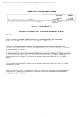 61
ADANI ESTATES PRIVATE LIMITED Standalone Financial Statements for period 01/04/2020 to 31/03/2021
[610100] Notes - List of accounting policies
Unless otherwise specified, all monetary values are in INR
01/04/2020
to
31/03/2021
01/04/2019
to
31/03/2020
Disclosure of significant accounting policies [TextBlock] AS PROVIDED AS PROVIDED
Description of accounting policy for measuring inventories [TextBlock]
Textual information (37)
[See below]
Textual information (37)
Description of accounting policy for measuring inventories [Text Block]
Inventories
Costs of construction / development expenditure incurred on the Projects are accumulated under “Construction
Work-in-progress” and the same is valued at cost or net realizable value, whichever is lower.
Construction / development expenditure includes all direct and indirect expenditure incurred on development of land /
construction at site, overheads relating to site management and administration, allocated interest and expenses incidental to the
projects undertaken by the Company.
Net realisable value has been determined based on prevailing average sale price of the property sold during the year as reduced
by future estimated cost of completion to be incurred as determined by the management with the help of technical experts based
on percentage of completion. Such expenses are accumulated under head "Construction Work-In-Progress" till Building Use
permission is received. After Building Use (BU) permission subsequent expenses are being charged off to Profit & Loss
Account.
After receiving BU permission unsold inventories are being treated as Finished Goods and is valued at cost or net realisable
value whichever is lower.
Stores and Construction Materials are valued at lower of cost or net realisable value. cost includes cost of purchase and other
expenses incurred in bringing them to their respective present location and condition. Cost is determined using Weighted
Average Method of Inventory Valuation.
 