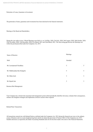 7
ADANI ESTATES PRIVATE LIMITED Standalone Financial Statements for period 01/04/2020 to 31/03/2021
Particulars of Loans, Guarantee or Investment:
The particulars of loans, guarantees and investments have been disclosed in the financial statements.
Meetings of the Board and Shareholders:
During the year under review, 8 Board Meetings were held viz. on 11th May, 2020, 23rd July, 2020, 24th August, 2020, 28th October, 2020,
25th November, 2020, 12th December, 2020, 01st March, 2021 and 22nd March, 2021. The intervening gap between the Meetings was
within the period prescribed under the Companies Act, 2013.
Name of Directors
Meetings
Held Attended
Mr. Laxmiprasad Choudhary 5 5
Mr. Madhusudana Rao Kalagarla 5 5
Mr. Milan Joshi 3 3
Mr. Rajesh Jain 3 3
Business Risk Management:
Your Company has a formal risk assessment and management system which periodically identifies risk areas, evaluates their consequences,
initiates risk mitigation strategies and implements corrective actions where required.
Related Party Transactions:
All transactions entered into with Related Parties as defined under the Companies Act, 2013 during the financial year were in the ordinary
course of business and on an arms length pricing basis and do not attract the provisions of Section 188(1) of the Companies Act, 2013.
Suitable disclosure as required by the Indian Accounting Standards (Ind AS-24) has been made in the notes to the Financial Statements.
 