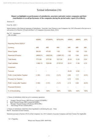 27
ADANI INFRA (INDIA) LIMITED Standalone Financial Statements for period 01/04/2020 to 31/03/2021
Textual information (16)
Report on highlights on performance of subsidiaries, associates and joint venture companies and their
contribution to overall performance of the companies during the period under report [Text Block]
Annexure A
Form No. AOC 1
Salient features of the financial statement of Subsidiaries / Associate/ Joint Ventures as per Companies Act, 2013 (Pursuant to first proviso to
sub-section (3) of Section 129 read with Rule 5 of Companies (Accounts) Rules, 2014)
Part "A" - Subsidiaries
(Rs. in Lakh)
KEMPL ATEMPPL MTEUPPL ANRPL AMRPL JEPL
Reporting Period 2020-21
Currency INR INR INR INR INR INR
Share Capital 500.00 475.00 1.00 1.00 1.00 1.00
Reserves & Surplus (4648.21) (3922.04) (13687.37) 1.93 0.84 (0.61)
Total Assets 7713.94 3777.95 7471.54 25.34 13.30 0.54
Total Liabilities 11862.15 7224.99 21157.91 22.41 11.46 0.15
Investment - - - - - -
Turnover - - - 25.25 12.62 -
Profit / (Loss) before Taxation (1.82) (1.51) (1.21) 2.84 1.17 (0.61)
Provision for Taxation - - - 0.72 0.33 -
Profit / (Loss) after Taxation (1.82) (1.51) (1.21) 2.13 0.84 (0.61)
Proposed Dividend - - - - - -
% of Shareholding 100% 100% 100% 100% 100% 100%
1. Names of subsidiaries which are yet to commence operations
a. Anuppur Thermal Energy (MP) Private Limited (ATEMPPL)
b. Katni Thermal Energy (MP) Limited (KTEMPL)
c. Mirzapur Thermal Energy (UP) Private (MTEUPPL)
d. Jash Energy Private Limited (JEPL)
2. Names of subsidiaries which have been liquidated or sold during the year. - None
Part B - Associates & Joint Ventures
Statement pursuant to Section 129 (3) of the Companies Act, 2O13 related to Associate Companies and Joint Venture Not Applicable
K. S. Nagendra
Whole-time Director (DIN: 06859146)
 