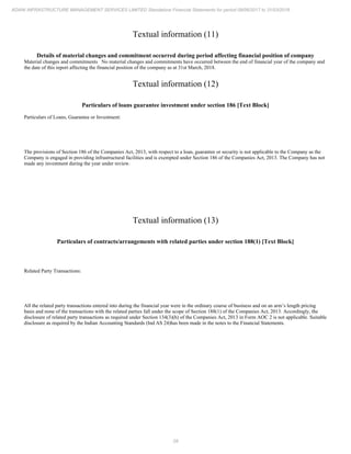 29
ADANI INFRASTRUCTURE MANAGEMENT SERVICES LIMITED Standalone Financial Statements for period 09/06/2017 to 31/03/2018
Textual information (11)
Details of material changes and commitment occurred during period affecting financial position of company
Material changes and commitments No material changes and commitments have occurred between the end of financial year of the company and
the date of this report affecting the financial position of the company as at 31st March, 2018.
Textual information (12)
Particulars of loans guarantee investment under section 186 [Text Block]
Particulars of Loans, Guarantee or Investment:
The provisions of Section 186 of the Companies Act, 2013, with respect to a loan, guarantee or security is not applicable to the Company as the
Company is engaged in providing infrastructural facilities and is exempted under Section 186 of the Companies Act, 2013. The Company has not
made any investment during the year under review.
Textual information (13)
Particulars of contracts/arrangements with related parties under section 188(1) [Text Block]
Related Party Transactions:
All the related party transactions entered into during the financial year were in the ordinary course of business and on an arm’s length pricing
basis and none of the transactions with the related parties fall under the scope of Section 188(1) of the Companies Act, 2013. Accordingly, the
disclosure of related party transactions as required under Section 134(3)(h) of the Companies Act, 2013 in Form AOC 2 is not applicable. Suitable
disclosure as required by the Indian Accounting Standards (Ind AS 24)has been made in the notes to the Financial Statements.
 
