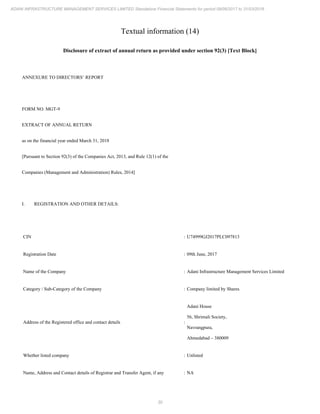 30
ADANI INFRASTRUCTURE MANAGEMENT SERVICES LIMITED Standalone Financial Statements for period 09/06/2017 to 31/03/2018
Textual information (14)
Disclosure of extract of annual return as provided under section 92(3) [Text Block]
ANNEXURE TO DIRECTORS’ REPORT
FORM NO. MGT-9
EXTRACT OF ANNUAL RETURN
as on the financial year ended March 31, 2018
[Pursuant to Section 92(3) of the Companies Act, 2013, and Rule 12(1) of the
Companies (Management and Administration) Rules, 2014]
I. REGISTRATION AND OTHER DETAILS:
CIN : U74999GJ2017PLC097813
Registration Date : 09th June, 2017
Name of the Company : Adani Infrastructure Management Services Limited
Category / Sub-Category of the Company : Company limited by Shares
Address of the Registered office and contact details :
Adani House
56, Shrimali Society,
Navrangpura,
Ahmedabad – 380009
Whether listed company : Unlisted
Name, Address and Contact details of Registrar and Transfer Agent, if any : NA
 