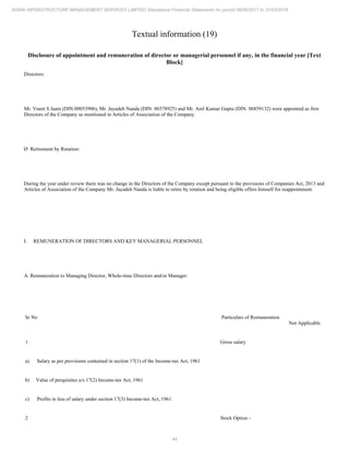 44
ADANI INFRASTRUCTURE MANAGEMENT SERVICES LIMITED Standalone Financial Statements for period 09/06/2017 to 31/03/2018
Textual information (19)
Disclosure of appointment and remuneration of director or managerial personnel if any, in the financial year [Text
Block]
Directors:
Mr. Vneet S Jaain (DIN:00053906), Mr. Jayadeb Nanda (DIN: 06578925) and Mr. Anil Kumar Gupta (DIN: 06859132) were appointed as first
Directors of the Company as mentioned in Articles of Association of the Company.
Ø Retirement by Rotation:
During the year under review there was no change in the Directors of the Company except pursuant to the provisions of Companies Act, 2013 and
Articles of Association of the Company Mr. Jayadeb Nanda is liable to retire by rotation and being eligible offers himself for reappointment.
I. REMUNERATION OF DIRECTORS AND KEY MANAGERIAL PERSONNEL
A. Remuneration to Managing Director, Whole-time Directors and/or Manager:
Sr No Particulars of Remuneration
Not Applicable
1 Gross salary
a) Salary as per provisions contained in section 17(1) of the Income-tax Act, 1961
b) Value of perquisites u/s 17(2) Income-tax Act, 1961
c) Profits in lieu of salary under section 17(3) Income-tax Act, 1961
2 Stock Option -
 