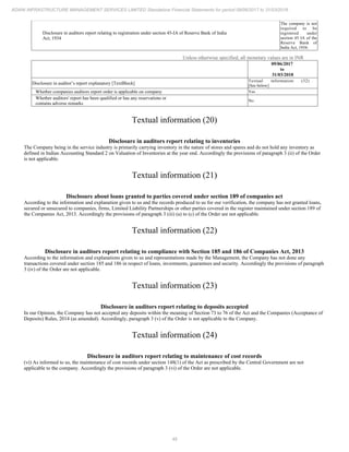 49
ADANI INFRASTRUCTURE MANAGEMENT SERVICES LIMITED Standalone Financial Statements for period 09/06/2017 to 31/03/2018
Disclosure in auditors report relating to registration under section 45-IA of Reserve Bank of India
Act, 1934
The company is not
required to be
registered under
section 45 IA of the
Reserve Bank of
India Act, 1934.
Unless otherwise specified, all monetary values are in INR
09/06/2017
to
31/03/2018
Disclosure in auditor’s report explanatory [TextBlock]
Textual information (32)
[See below]
Whether companies auditors report order is applicable on company Yes
Whether auditors' report has been qualified or has any reservations or
contains adverse remarks
No
Textual information (20)
Disclosure in auditors report relating to inventories
The Company being in the service industry is primarily carrying inventory in the nature of stores and spares and do not hold any inventory as
defined in Indian Accounting Standard 2 on Valuation of Inventories at the year end. Accordingly the provisions of paragraph 3 (ii) of the Order
is not applicable.
Textual information (21)
Disclosure about loans granted to parties covered under section 189 of companies act
According to the information and explanation given to us and the records produced to us for our verification, the company has not granted loans,
secured or unsecured to companies, firms, Limited Liability Partnerships or other parties covered in the register maintained under section 189 of
the Companies Act, 2013. Accordingly the provisions of paragraph 3 (iii) (a) to (c) of the Order are not applicable.
Textual information (22)
Disclosure in auditors report relating to compliance with Section 185 and 186 of Companies Act, 2013
According to the information and explanations given to us and representations made by the Management, the Company has not done any
transactions covered under section 185 and 186 in respect of loans, investments, guarantees and security. Accordingly the provisions of paragraph
3 (iv) of the Order are not applicable.
Textual information (23)
Disclosure in auditors report relating to deposits accepted
In our Opinion, the Company has not accepted any deposits within the meaning of Section 73 to 76 of the Act and the Companies (Acceptance of
Deposits) Rules, 2014 (as amended). Accordingly, paragraph 3 (v) of the Order is not applicable to the Company.
Textual information (24)
Disclosure in auditors report relating to maintenance of cost records
(vi) As informed to us, the maintenance of cost records under section 148(1) of the Act as prescribed by the Central Government are not
applicable to the company. Accordingly the provisions of paragraph 3 (vi) of the Order are not applicable.
 