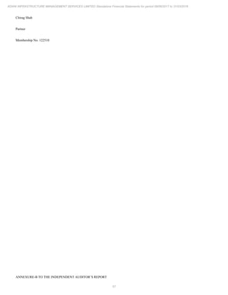 57
ADANI INFRASTRUCTURE MANAGEMENT SERVICES LIMITED Standalone Financial Statements for period 09/06/2017 to 31/03/2018
Chirag Shah
Partner
Membership No. 122510
ANNEXURE-B TO THE INDEPENDENT AUDITOR’S REPORT
 