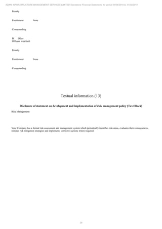 38
ADANI INFRASTRUCTURE MANAGEMENT SERVICES LIMITED Standalone Financial Statements for period 01/04/2018 to 31/03/2019
Penalty
Punishment None
Compounding
B. Other
Officers in default
Penalty
Punishment None
Compounding
Textual information (13)
Disclosure of statement on development and implementation of risk management policy [Text Block]
Risk Management:
Your Company has a formal risk assessment and management system which periodically identifies risk areas, evaluates their consequences,
initiates risk mitigation strategies and implements corrective actions where required.
 