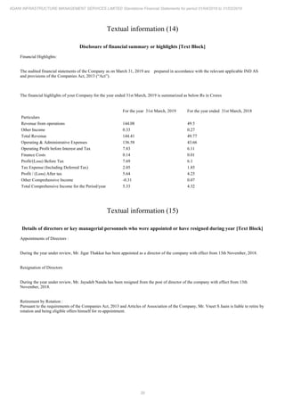 39
ADANI INFRASTRUCTURE MANAGEMENT SERVICES LIMITED Standalone Financial Statements for period 01/04/2018 to 31/03/2019
Textual information (14)
Disclosure of financial summary or highlights [Text Block]
Financial Highlights:
The audited financial statements of the Company as on March 31, 2019 are prepared in accordance with the relevant applicable IND AS
and provisions of the Companies Act, 2013 (“Act”).
The financial highlights of your Company for the year ended 31st March, 2019 is summarized as below:Rs in Crores
For the year 31st March, 2019 For the year ended 31st March, 2018
Particulars
Revenue from operations 144.08 49.5
Other Income 0.33 0.27
Total Revenue 144.41 49.77
Operating & Administrative Expenses 136.58 43.66
Operating Profit before Interest and Tax 7.83 6.11
Finance Costs 0.14 0.01
Profit/(Loss) Before Tax 7.69 6.1
Tax Expense (Including Deferred Tax) 2.05 1.85
Profit / (Loss) After tax 5.64 4.25
Other Comprehensive Income -0.31 0.07
Total Comprehensive Income for the Period/year 5.33 4.32
Textual information (15)
Details of directors or key managerial personnels who were appointed or have resigned during year [Text Block]
Appointments of Directors :
During the year under review, Mr. Jigar Thakkar has been appointed as a director of the company with effect from 13th November, 2018.
Resignation of Directors
During the year under review, Mr. Jayadeb Nanda has been resigned from the post of director of the company with effect from 13th
November, 2018.
Retirement by Rotation :
Pursuant to the requirements of the Companies Act, 2013 and Articles of Association of the Company, Mr. Vneet S Jaain is liable to retire by
rotation and being eligible offers himself for re-appointment.
 