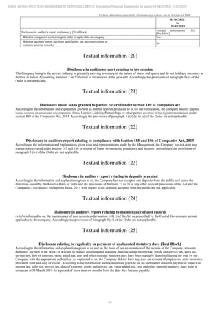 44
ADANI INFRASTRUCTURE MANAGEMENT SERVICES LIMITED Standalone Financial Statements for period 01/04/2018 to 31/03/2019
Unless otherwise specified, all monetary values are in Crores of INR
01/04/2018
to
31/03/2019
Disclosure in auditor’s report explanatory [TextBlock]
Textual information (33)
[See below]
Whether companies auditors report order is applicable on company Yes
Whether auditors' report has been qualified or has any reservations or
contains adverse remarks
No
Textual information (20)
Disclosure in auditors report relating to inventories
The Company being in the service industry is primarily carrying inventory in the nature of stores and spares and do not hold any inventory as
defined in Indian Accounting Standard 2 on Valuation of Inventories at the year end. Accordingly the provisions of paragraph 3 (ii) of the
Order is not applicable.
Textual information (21)
Disclosure about loans granted to parties covered under section 189 of companies act
According to the information and explanation given to us and the records produced to us for our verification, the company has not granted
loans, secured or unsecured to companies, firms, Limited Liability Partnerships or other parties covered in the register maintained under
section 189 of the Companies Act, 2013. Accordingly the provisions of paragraph 3 (iii) (a) to (c) of the Order are not applicable.
Textual information (22)
Disclosure in auditors report relating to compliance with Section 185 and 186 of Companies Act, 2013
Accordingto the information and explanations given to us and representations made by the Management, the Company has not done any
transactions covered under section 185 and 186 in respect of loans, investments, guarantees and security. Accordingly the provisions of
paragraph 3 (iv) of the Order are not applicable.
Textual information (23)
Disclosure in auditors report relating to deposits accepted
According to the information and explanations given to us, the Company has not accepted any deposits from the public and hence the
directives issued by the Reserve Bank of India and the provisions of Sections 73 to 76 or any other relevant provisions of the Act and the
Companies (Acceptance of Deposit) Rules, 2015 with regard to the deposits accepted from the public are not applicable.
Textual information (24)
Disclosure in auditors report relating to maintenance of cost records
(vi) As informed to us, the maintenance of cost records under section 148(1) of the Act as prescribed by the Central Government are not
applicable to the company. Accordingly the provisions of paragraph 3 (vi) of the Order are not applicable.
Textual information (25)
Disclosure relating to regularity in payment of undisputed statutory dues [Text Block]
According to the information and explanations given to us and on the basis of our examination of the records of the Company, amounts
deducted/ accrued in the books of account in respect of undisputed statutory dues including income tax, goods and service tax, sales tax,
service tax, duty of customs, value added tax, cess and other material statutory dues have been regularly deposited during the year by the
Company with the appropriate authorities. As explained to us, the Company did not have any dues on account of employees’ state insurance,
provident fund and duty of excise. According to the information and explanations given to us, no undisputed amounts payable in respect of
income tax, sales tax, service tax, duty of customs, goods and service tax, value added tax, cess and other material statutory dues were in
arrears as at 31 March 2018 for a period of more than six months from the date they became payable.
 