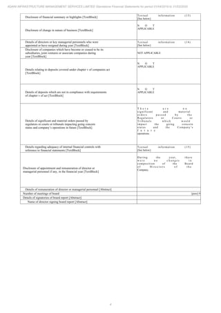 4
ADANI INFRASTRUCTURE MANAGEMENT SERVICES LIMITED Standalone Financial Statements for period 01/04/2019 to 31/03/2020
Disclosure of financial summary or highlights [TextBlock]
Textual information (13)
[See below]
Disclosure of change in nature of business [TextBlock]
N O T
APPLICABLE
Details of directors or key managerial personnels who were
appointed or have resigned during year [TextBlock]
Textual information (14)
[See below]
Disclosure of companies which have become or ceased to be its
subsidiaries, joint ventures or associate companies during
year [TextBlock]
NOT APPLICABLE
Details relating to deposits covered under chapter v of companies act
[TextBlock]
N O T
APPLICABLE
Details of deposits which are not in compliance with requirements
of chapter v of act [TextBlock]
N O T
APPLICABLE
Details of significant and material orders passed by
regulators or courts or tribunals impacting going concern
status and company’s operations in future [TextBlock]
T h e r e a r e n o
significant and material
o r d e r s p a s s e d b y t h e
Regulators or Courts or
Tribunals which would
impact the going concern
status and the Company’s
f u t u r e
operations.
Details regarding adequacy of internal financial controls with
reference to financial statements [TextBlock]
Textual information (15)
[See below]
Disclosure of appointment and remuneration of director or
managerial personnel if any, in the financial year [TextBlock]
D u r i n g t h e y e a r , t h e r e
w e r e n o c h a n g e s i n
composition of the Board
o f D i r e c t o r s o f t h e
Company.
Details of remuneration of director or managerial personnel [Abstract]
Number of meetings of board [pure] 9
Details of signatories of board report [Abstract]
Name of director signing board report [Abstract]
 