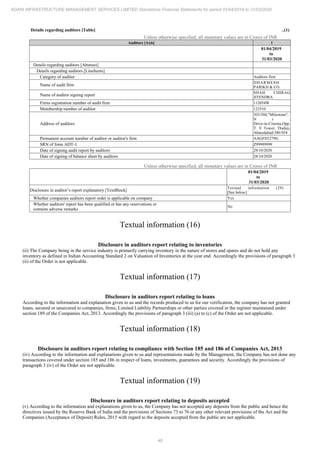46
ADANI INFRASTRUCTURE MANAGEMENT SERVICES LIMITED Standalone Financial Statements for period 01/04/2019 to 31/03/2020
Details regarding auditors [Table] ..(1)
Unless otherwise specified, all monetary values are in Crores of INR
Auditors [Axis] 1
01/04/2019
to
31/03/2020
Details regarding auditors [Abstract]
Details regarding auditors [LineItems]
Category of auditor Auditors firm
Name of audit firm
DHARMESH
PARIKH & CO.
Name of auditor signing report
SHAH CHIRAG
JITENDRA
Firms registration number of audit firm 112054W
Membership number of auditor 122510
Address of auditors
303/304,"Milestone",
N r .
Drive-in-Cinema,Opp.
T. V Tower, Thaltej,
Ahmedabad-380 054
Permanent account number of auditor or auditor's firm AAGFD1279G
SRN of form ADT-1 Z99999999
Date of signing audit report by auditors 28/10/2020
Date of signing of balance sheet by auditors 28/10/2020
Unless otherwise specified, all monetary values are in Crores of INR
01/04/2019
to
31/03/2020
Disclosure in auditor’s report explanatory [TextBlock]
Textual information (29)
[See below]
Whether companies auditors report order is applicable on company Yes
Whether auditors' report has been qualified or has any reservations or
contains adverse remarks
No
Textual information (16)
Disclosure in auditors report relating to inventories
(ii) The Company being in the service industry is primarily carrying inventory in the nature of stores and spares and do not hold any
inventory as defined in Indian Accounting Standard 2 on Valuation of Inventories at the year end. Accordingly the provisions of paragraph 3
(ii) of the Order is not applicable.
Textual information (17)
Disclosure in auditors report relating to loans
According to the information and explanation given to us and the records produced to us for our verification, the company has not granted
loans, secured or unsecured to companies, firms, Limited Liability Partnerships or other parties covered in the register maintained under
section 189 of the Companies Act, 2013. Accordingly the provisions of paragraph 3 (iii) (a) to (c) of the Order are not applicable.
Textual information (18)
Disclosure in auditors report relating to compliance with Section 185 and 186 of Companies Act, 2013
(iv) According to the information and explanations given to us and representations made by the Management, the Company has not done any
transactions covered under section 185 and 186 in respect of loans, investments, guarantees and security. Accordingly the provisions of
paragraph 3 (iv) of the Order are not applicable.
Textual information (19)
Disclosure in auditors report relating to deposits accepted
(v) According to the information and explanations given to us, the Company has not accepted any deposits from the public and hence the
directives issued by the Reserve Bank of India and the provisions of Sections 73 to 76 or any other relevant provisions of the Act and the
Companies (Acceptance of Deposit) Rules, 2015 with regard to the deposits accepted from the public are not applicable.
 