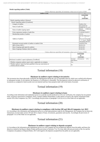 50
ADANI INFRASTRUCTURE MANAGEMENT SERVICES LIMITED Standalone Financial Statements for period 01/04/2020 to 31/03/2021
Details regarding auditors [Table] ..(1)
Unless otherwise specified, all monetary values are in Crores of INR
Auditors [Axis] 1
01/04/2020
to
31/03/2021
Details regarding auditors [Abstract]
Details regarding auditors [LineItems]
Category of auditor Auditors firm
Name of audit firm
DHARMESH
PARIKH & CO. LLP
Name of auditor signing report
SHAH CHIRAG
JITENDRA
Firms registration number of audit firm 112054W/W100725
Membership number of auditor 122510
Address of auditors
303/304,"Milestone",
N r .
Drive-in-Cinema,Opp.
T. V Tower, Thaltej,
Ahmedabad-380 054
Permanent account number of auditor or auditor's firm AAGFD1279G
SRN of form ADT-1 H22931232
Date of signing audit report by auditors 03/06/2021
Date of signing of balance sheet by auditors 03/06/2021
Unless otherwise specified, all monetary values are in Crores of INR
01/04/2020
to
31/03/2021
Disclosure in auditor’s report explanatory [TextBlock]
Textual information (31)
[See below]
Whether companies auditors report order is applicable on company Yes
Whether auditors' report has been qualified or has any reservations or
contains adverse remarks
No
Textual information (18)
Disclosure in auditors report relating to inventories
The inventories have been physically verified by the Management during the year at reasonable interval, which were verified with reference
to subsequent receipts. In our opinion, the frequency of verification is reasonable. The discrepancies noticed on physical verification of
inventories as compared to book records were not material and have been properly dealt with in the books of account.
Textual information (19)
Disclosure in auditors report relating to loans
According to the information and explanation given to us and the records produced to us for our verification, the company has not granted
loans, secured or unsecured to companies, firms, Limited Liability Partnerships or other parties covered in the register maintained under
section 189 of the Companies Act, 2013. Accordingly the provisions of paragraph 3 (iii) (a) to (c) of the Order are not applicable.
Textual information (20)
Disclosure in auditors report relating to compliance with Section 185 and 186 of Companies Act, 2013
(iv) According to the information and explanations given to us and representations made by the Management, the Company has not done any
transactions covered under section 185 and 186 in respect of loans, investments, guarantees and security. Accordingly the provisions of
paragraph 3 (iv) of the Order are not applicable.
Textual information (21)
Disclosure in auditors report relating to deposits accepted
(v) According to the information and explanations given to us, the Company has not accepted any deposits from the public and hence the
directives issued by the Reserve Bank of India and the provisions of Sections 73 to 76 or any other relevant provisions of the Act and the
Companies (Acceptance of Deposit) Rules, 2015 with regard to the deposits accepted from the public are not applicable.
 