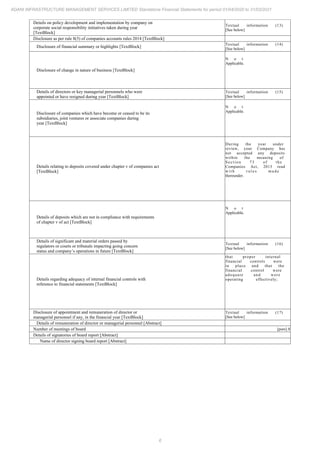 6
ADANI INFRASTRUCTURE MANAGEMENT SERVICES LIMITED Standalone Financial Statements for period 01/04/2020 to 31/03/2021
Details on policy development and implementation by company on
corporate social responsibility initiatives taken during year
[TextBlock]
Textual information (13)
[See below]
Disclosure as per rule 8(5) of companies accounts rules 2014 [TextBlock]
Disclosure of financial summary or highlights [TextBlock]
Textual information (14)
[See below]
Disclosure of change in nature of business [TextBlock]
N o t
Applicable.
Details of directors or key managerial personnels who were
appointed or have resigned during year [TextBlock]
Textual information (15)
[See below]
Disclosure of companies which have become or ceased to be its
subsidiaries, joint ventures or associate companies during
year [TextBlock]
N o t
Applicable.
Details relating to deposits covered under chapter v of companies act
[TextBlock]
During the year under
review, your Company has
not accepted any deposits
within the meaning of
Section 73 of the
Companies Act, 2013 read
w i t h r u l e s m a d e
thereunder.
Details of deposits which are not in compliance with requirements
of chapter v of act [TextBlock]
N o t
Applicable.
Details of significant and material orders passed by
regulators or courts or tribunals impacting going concern
status and company’s operations in future [TextBlock]
Textual information (16)
[See below]
Details regarding adequacy of internal financial controls with
reference to financial statements [TextBlock]
that proper internal
financial controls were
in place and that the
financial control were
adequate and were
operating effectively;
Disclosure of appointment and remuneration of director or
managerial personnel if any, in the financial year [TextBlock]
Textual information (17)
[See below]
Details of remuneration of director or managerial personnel [Abstract]
Number of meetings of board [pure] 8
Details of signatories of board report [Abstract]
Name of director signing board report [Abstract]
 