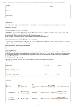 22
ADANI INFRASTRUCTURE MANAGEMENT SERVICES LIMITED Standalone Financial Statements for period 01/04/2021 to 31/03/2022
Penalty
None
Punishment
Compounding
Annexure – B
CONSERVATION OF ENERGY, TECHNOLOGY ABSORPTION AND FOREIGN EXCHANGE EARNINGS AND OUTGO
Conservation of Energy:
Steps taken or impact on conservation of energy:
AIMSL helped different customer for ESG initiatives like harvesting of Rainwater, Auxiliary consumption through Green sources, land
utilization through green cover, avoiding single use plastic etc.
Replace compact florescent lamp (CFL) with LED device in current year as well
High Efficiency Lighting control, Motors, Pumps and Fans installation in current year as well
Steps taken by the company for utilizing alternate sources of energy:
At present we are Providing Operation and Maintenance Services to different Customer. We have advised our Customer for use of renewable
energy source (Solar) as an alternate source of energy.
Capital investment on energy conservation equipment:
NIL
Technology Absorption:
Adopting the best technologies in our business is essential in ensuring and maintaining global benchmarks in performance. We ensure this
through our in house engineering and adopting best technologies available in the market. We have advised our customers for new technology
by way of remote operation of cluster of substations from single location. Advised customers for creation of Asset Health Dashboards for
analytics of health of assets.
Foreign Exchange Earnings and Outgo:
The particulars relating to foreign exchange earnings and outgo during the year under review are as under:
(Rs. In Crores)
Particulars 2021-22 2020-21
Foreign exchange earned -- --
Foreign exchange outgo 3.90 2.42
Annexure-C
Sr
No.
Name
Age
(yrs)
Designation
Gross
Remuneration
(in Rs.)
Qualification
Exp
(yrs)
Date of
joining
Previous Employment
MULA RAVI 52
Associate Vice
President - O&M
6165988 B.E./B.Tech 31 05/02/2010
GVK Power and
Infrastructure Ltd.
BIBHAS
KARMAKAR
49 AGM – O&M 5855808 B.E./B.Tech. 27 02/03/2020
Lalitpur Power
Generation Company
Limited
 