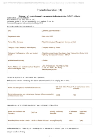 31
ADANI INFRASTRUCTURE MANAGEMENT SERVICES LIMITED Standalone Financial Statements for period 01/04/2021 to 31/03/2022
Textual information (11)
Disclosure of extract of annual return as provided under section 92(3) [Text Block]
EXTRACT OF ANNUAL RETURN
As on the financial year ended March 31, 2022
[Pursuant to Section 92(3) of the Companies Act, 2013, and Rule 12(1) of the
Companies (Management and Administration) Rules, 2014]
REGISTRATION AND OTHER DETAILS:
CIN : U74999GJ2017PLC097813
Registration Date : 09th June, 2017
Name of the Company : Adani Infrastructure Management Services Limited
Category / Sub-Category of the Company : Company limited by Shares
Address of the Registered office and contact
details
:
Adani Corporate House, Shantigram, Near Vaishno Devi Circle, S. G.
Highway, Khodiyar, Ahmedabad – 382421
Whether listed company : Unlisted
Name, Address and Contact details of Registrar
and Transfer Agent, if any
:
LINK INTIME INDIA PRIVATE LIMITED
C 101, 247 Park, L.B.S. Marg,
Vikhroli (West)-400083
PRINCIPAL BUSINESS ACTIVITIES OF THE COMPANY:
All the business activities contributing 10% or more of the total turnover of the company shall be stated:
Name and description of main Products/Services
NIC Code of the Product/
service
% to total turnover of the
company
Construction/erection and maintenance of power, telecommunication
and transmission lines
42202 100
PARTICULARS OF HOLDING, SUBSIDIARY AND ASSOCIATE COMPANIES:
Name and address of the
Company
CIN/GLN
Holding/ Subsidiary/
Associate
% of shares
held
Applicable
Section
Adani Properties Private Limited U45201GJ1995PTC026067 Holding Company 100% 2(46)
SHARE HOLDING PATTERN (EQUITY SHARE CAPITAL BREAKUP AS PERCENTAGE OF TOTAL EQUITY)
Category-wise Share Holding
 