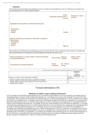 49
ADANI INFRASTRUCTURE MANAGEMENT SERVICES LIMITED Standalone Financial Statements for period 01/04/2021 to 31/03/2022
Footnotes
(A) According to the information and explanation given to us and the records produced to us for our verification, the company has
provided unsecured loan to Other related companies.
Guarantees Security
Loans
(Rs. In
Crores)
Advances in nature
of loans
Aggregate amount granted / provided during the year
- Subsidiaries
- Holding
- Others
-
-
-
-
-
-
-
-
1196.43
-
-
-
Balance outstanding as at balance sheet date in respect of
above cases
- Subsidiaries
- Holding
- Others
-
-
-
-
-
-
-
-
2004.14
-
-
-
(B) According to the information and explanations given to us and on the basis of our examination of the records, the Company has
made private placement of compulsorily convertible debenture during the year under review.
Nature of Securities viz. Equity Shares / Preference Shares/
Convertible Debenture
Type of Issue
Amount
Involved
Nature of Non-
Compliance
Compulsorily Convertible Debenture
Private
Placement
Rs. 1196.44
Crores
-
Unless otherwise specified, all monetary values are in Crores of INR
01/04/2021
to
31/03/2022
Disclosure in auditor’s report explanatory [TextBlock]
Textual information (33)
[See below]
Whether companies auditors report order is applicable on company No
Whether auditors' report has been qualified or has any reservations or
contains adverse remarks
No
Textual information (18)
Disclosure in auditors report relating to fixed assets
a).(A) According to the information and explanation given to us and the records produced to us for our verification, the company does not
acquired/purchased any Property, Plant & Equipment during the year. Accordingly, the provision of the Paragraph 3(i) (a)(A) of the Order
not applicable. (B) According to the information and explanation given to us and the records produced to us for our verification the company
does not have any Intangible assets. Accordingly, the provision of Paragraph 3(i)(a)(B) of the Order are not applicable. b). According to the
information and explanation given to us and the records produced to us for our verification, the Company does not acquired/purchased any
Property, Plant & Equipment during the year. Accordingly, the provision of the Paragraph 3(i) (b) of the Order not applicable. c). According
to the information and explanation given to us and the records produced to us for our verification, the company does not acquired/purchased
any Property, Plant & Equipment during the year. Accordingly, the provision of the Paragraph 3(i) (c) of the Order not applicable. d).
According to the information and explanation given to us and the records produced to us for our verification, the company does not revalue
its Property, Plant and Equipment (including Right of Use assets) or intangible assets or both during the year. Accordingly, the provision of
paragraph 3(i)(d) of the Order is not applicable. e). According to the information and explanation given to us and the records produced to us
for our verification, no proceedings have been initiated or are pending against the company for holding any benami property under the
Benami Transactions (Prohibition) Act, 1988 (45 of 1988) and rules made thereunder.
 