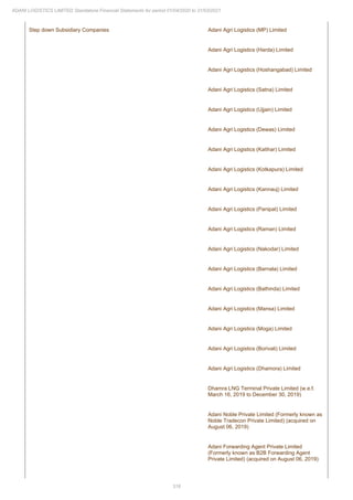 318
ADANI LOGISTICS LIMITED Standalone Financial Statements for period 01/04/2020 to 31/03/2021
Step down Subsidiary Companies Adani Agri Logistics (MP) Limited
Adani Agri Logistics (Harda) Limited
Adani Agri Logistics (Hoshangabad) Limited
Adani Agri Logistics (Satna) Limited
Adani Agri Logistics (Ujjain) Limited
Adani Agri Logistics (Dewas) Limited
Adani Agri Logistics (Katihar) Limited
Adani Agri Logistics (Kotkapura) Limited
Adani Agri Logistics (Kannauj) Limited
Adani Agri Logistics (Panipat) Limited
Adani Agri Logistics (Raman) Limited
Adani Agri Logistics (Nakodar) Limited
Adani Agri Logistics (Barnala) Limited
Adani Agri Logistics (Bathinda) Limited
Adani Agri Logistics (Mansa) Limited
Adani Agri Logistics (Moga) Limited
Adani Agri Logistics (Borivali) Limited
Adani Agri Logistics (Dhamora) Limited
Dhamra LNG Terminal Private Limited (w.e.f.
March 16, 2019 to December 30, 2019)
Adani Noble Private Limited (Formerly known as
Noble Tradecon Private Limited) (acquired on
August 06, 2019)
Adani Forwarding Agent Private Limited
(Formerly known as B2B Forwarding Agent
Private Limited) (acquired on August 06, 2019)
 