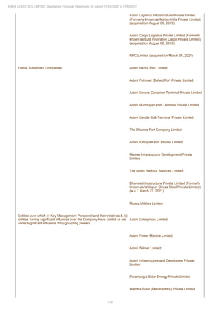 319
ADANI LOGISTICS LIMITED Standalone Financial Statements for period 01/04/2020 to 31/03/2021
Adani Logistics Infrastructure Private Limited
(Formerly known as Minion Infra Private Limited)
(acquired on August 06, 2019)
Adani Cargo Logistics Private Limited (Formerly
known as B2B Innovative Cargo Private Limited)
(acquired on August 06, 2019)
NRC Limited (acquired on March 31, 2021)
Fellow Subsidiary Companies Adani Hazira Port Limited
Adani Petronet (Dahej) Port Private Limited
Adani Ennore Container Terminal Private Limited
Adani Murmugao Port Terminal Private Limited
Adani Kandla Bulk Terminal Private Limited
The Dhamra Port Company Limited
Adani Kattupalli Port Private Limited
Marine Infrastructure Development Private
Limited
The Adani Harbour Services Limited
Dhamra Infrastructure Private Limited (Formerly
known as Welspun Orissa Steel Private Limited)
(w.e.f. March 22, 2021)
Mpsez Utilities Limited
Entities over which (i) Key Management Personnel and their relatives & (ii)
entities having significant influence over the Company have control or are
under significant influence through voting powers
Adani Enterprises Limited
Adani Power Mundra Limited
Adani Wilmar Limited
Adani Infrastructure and Developers Private
Limited
Parampujya Solar Energy Private Limited
Wardha Solar (Maharashtra) Private Limited
 