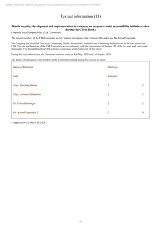 46
ADANI LOGISTICS LIMITED Standalone Financial Statements for period 01/04/2020 to 31/03/2021
Textual information (13)
Details on policy development and implementation by company on corporate social responsibility initiatives taken
during year [Text Block]
Corporate Social Responsibility (CSR) Committee:
The present members of the CSR Committee are Mr. Vikram Jaisinghani, Capt. Unmesh Abhyankar and Ms. Komal Majmudar.
The Company has identified Education, Community Health, Sustainable Livelihood and Community Infrastructure as the core sectors for
CSR. The role and functions of the CSR Committee are in conformity with the requirements of Section 135 of the Act read with rules made
thereunder. The Annual Report on CSR activities is annexed, which forms part of this report.
During the year under review, the Committee met two times on 4 th May, 2020 and 1 st August, 2020.
The details of attendance of the members at the Committee meeting during the year are as under:
Name of Members Meetings
Held Attended
Capt. Sandeep Mehta 2 2
Capt. Unmesh Abhyankar 2 2
Dr. Chitra Bhatnagar 2 2
Ms. Komal Majmudar 1 0 0
1 Appointed w.e.f March 30, 2021.
 