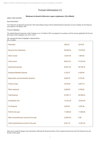 5
ADANI LOGISTICS LIMITED Standalone Financial Statements for period 01/04/2020 to 31/03/2021
Textual information (1)
Disclosure in board of directors report explanatory [Text Block]
DIRECTORS' REPORT
Dear Shareholders,
Your Directors are pleased to present the 16th Annual Report along with the audited financial statements of your Company for the financial
year ended on 31st March, 2021.
Financial Highlights:
The audited financial statements of the Company as on 31st March, 2021 are prepared in accordance with the relevant applicable Ind AS and
provisions of the Companies Act, 2013 (“Act”).
The summarized financial highlight is depicted below:
(Rs. in Lakhs)
Particulars 2020-21 2019-20
Revenue from Operations 65,548.53 73,819.67
Other Income 15,261.48 7,383.92
Total Income 80,810.01 81,203.59
Operating Expenses 50,401.34 48,796.75
Employee Benefits Expense 3,150.27 2,428.60
Depreciation and Amortization Expense 6,899.78 5,734.55
Finance Costs 3,676.89 5,837.79
Other expenses 2,958.80 2,708.84
Total Expense 67,087.71 65,506.53
Profit Before Tax 13,722.30 15,697.06
Tax Expense 2,655.91 3,702.98
Profit for the year 11,066.39 11,994.08
Other Comprehensive Income for the year (2,044.67) 6.96
Total Comprehensive Income for the year 9,021.72 12,001.04
There are no material changes and commitments affecting the financial position of the Company between the end of the financial year and
the date of this report.
 