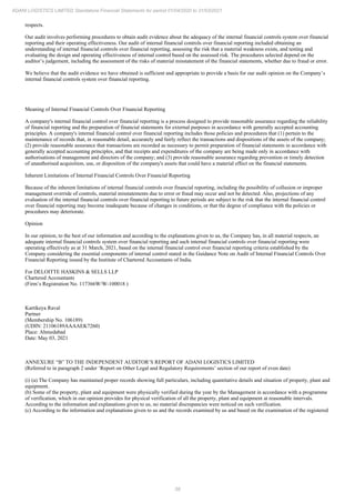 58
ADANI LOGISTICS LIMITED Standalone Financial Statements for period 01/04/2020 to 31/03/2021
respects.
Our audit involves performing procedures to obtain audit evidence about the adequacy of the internal financial controls system over financial
reporting and their operating effectiveness. Our audit of internal financial controls over financial reporting included obtaining an
understanding of internal financial controls over financial reporting, assessing the risk that a material weakness exists, and testing and
evaluating the design and operating effectiveness of internal control based on the assessed risk. The procedures selected depend on the
auditor’s judgement, including the assessment of the risks of material misstatement of the financial statements, whether due to fraud or error.
We believe that the audit evidence we have obtained is sufficient and appropriate to provide a basis for our audit opinion on the Company’s
internal financial controls system over financial reporting.
Meaning of Internal Financial Controls Over Financial Reporting
A company's internal financial control over financial reporting is a process designed to provide reasonable assurance regarding the reliability
of financial reporting and the preparation of financial statements for external purposes in accordance with generally accepted accounting
principles. A company's internal financial control over financial reporting includes those policies and procedures that (1) pertain to the
maintenance of records that, in reasonable detail, accurately and fairly reflect the transactions and dispositions of the assets of the company;
(2) provide reasonable assurance that transactions are recorded as necessary to permit preparation of financial statements in accordance with
generally accepted accounting principles, and that receipts and expenditures of the company are being made only in accordance with
authorisations of management and directors of the company; and (3) provide reasonable assurance regarding prevention or timely detection
of unauthorised acquisition, use, or disposition of the company's assets that could have a material effect on the financial statements.
Inherent Limitations of Internal Financial Controls Over Financial Reporting
Because of the inherent limitations of internal financial controls over financial reporting, including the possibility of collusion or improper
management override of controls, material misstatements due to error or fraud may occur and not be detected. Also, projections of any
evaluation of the internal financial controls over financial reporting to future periods are subject to the risk that the internal financial control
over financial reporting may become inadequate because of changes in conditions, or that the degree of compliance with the policies or
procedures may deteriorate.
Opinion
In our opinion, to the best of our information and according to the explanations given to us, the Company has, in all material respects, an
adequate internal financial controls system over financial reporting and such internal financial controls over financial reporting were
operating effectively as at 31 March, 2021, based on the internal financial control over financial reporting criteria established by the
Company considering the essential components of internal control stated in the Guidance Note on Audit of Internal Financial Controls Over
Financial Reporting issued by the Institute of Chartered Accountants of India.
For DELOITTE HASKINS & SELLS LLP
Chartered Accountants
(Firm’s Registration No. 117366W/W-100018 )
Kartikeya Raval
Partner
(Membership No. 106189)
(UDIN: 21106189AAAAEK7260)
Place: Ahmedabad
Date: May 03, 2021
ANNEXURE “B” TO THE INDEPENDENT AUDITOR’S REPORT OF ADANI LOGISTICS LIMITED
(Referred to in paragraph 2 under ‘Report on Other Legal and Regulatory Requirements’ section of our report of even date)
(i) (a) The Company has maintained proper records showing full particulars, including quantitative details and situation of property, plant and
equipment.
(b) Some of the property, plant and equipment were physically verified during the year by the Management in accordance with a programme
of verification, which in our opinion provides for physical verification of all the property, plant and equipment at reasonable intervals.
According to the information and explanations given to us, no material discrepancies were noticed on such verification.
(c) According to the information and explanations given to us and the records examined by us and based on the examination of the registered
 