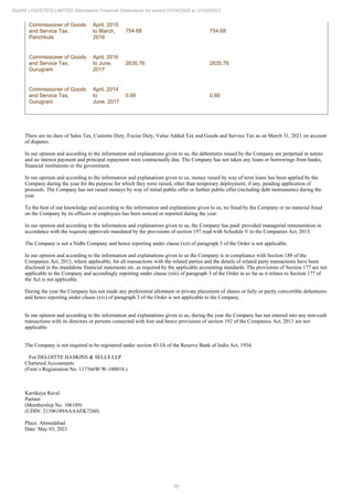 60
ADANI LOGISTICS LIMITED Standalone Financial Statements for period 01/04/2020 to 31/03/2021
Commissioner of Goods
and Service Tax,
Panchkula
April, 2015
to March,
2016
754.68 754.68
Commissioner of Goods
and Service Tax,
Gurugram
April, 2016
to June,
2017
2635.76 2635.76
Commissioner of Goods
and Service Tax,
Gurugram
April, 2014
to
June, 2017
0.66 0.66
There are no dues of Sales Tax, Customs Duty, Excise Duty, Value Added Tax and Goods and Service Tax as on March 31, 2021 on account
of disputes.
In our opinion and according to the information and explanations given to us, the debentures issued by the Company are perpetual in nature
and no interest payment and principal repayment were contractually due. The Company has not taken any loans or borrowings from banks,
financial institutions or the government.
In our opinion and according to the information and explanations given to us, money raised by way of term loans has been applied by the
Company during the year for the purpose for which they were raised, other than temporary deployment, if any, pending application of
proceeds. The Company has not raised moneys by way of initial public offer or further public offer (including debt instruments) during the
year.
To the best of our knowledge and according to the information and explanations given to us, no fraud by the Company or no material fraud
on the Company by its officers or employees has been noticed or reported during the year.
In our opinion and according to the information and explanations given to us, the Company has paid/ provided managerial remuneration in
accordance with the requisite approvals mandated by the provisions of section 197 read with Schedule V to the Companies Act, 2013.
The Company is not a Nidhi Company and hence reporting under clause (xii) of paragraph 3 of the Order is not applicable.
In our opinion and according to the information and explanations given to us the Company is in compliance with Section 188 of the
Companies Act, 2013, where applicable, for all transactions with the related parties and the details of related party transactions have been
disclosed in the standalone financial statements etc. as required by the applicable accounting standards. The provisions of Section 177 are not
applicable to the Company and accordingly reporting under clause (xiii) of paragraph 3 of the Order in so far as it relates to Section 177 of
the Act is not applicable.
During the year the Company has not made any preferential allotment or private placement of shares or fully or partly convertible debentures
and hence reporting under clause (xiv) of paragraph 3 of the Order is not applicable to the Company.
In our opinion and according to the information and explanations given to us, during the year the Company has not entered into any non-cash
transactions with its directors or persons connected with him and hence provisions of section 192 of the Companies Act, 2013 are not
applicable.
The Company is not required to be registered under section 45-IA of the Reserve Bank of India Act, 1934.
For DELOITTE HASKINS & SELLS LLP
Chartered Accountants
(Firm’s Registration No. 117366W/W-100018 )
Kartikeya Raval
Partner
(Membership No. 106189)
(UDIN: 21106189AAAAEK7260)
Place: Ahmedabad
Date: May 03, 2021
 