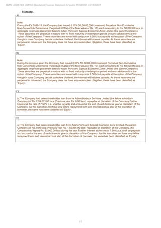 77
ADANI LOGISTICS LIMITED Standalone Financial Statements for period 01/04/2020 to 31/03/2021
Footnotes
(A)
Note:
During the FY 2018-19, the Company had issued 6.50% 50,00,00,000 Unsecured Perpetual Non-Cumulative
Non-Convertible Debentures (Perpetual NCDs) of the face value of Rs. 10/- each amounting to Rs. 50,000.00 lacs, in
aggregate on private placement basis to Adani Ports and Special Economic Zone Limited (the parent Company).
These securities are perpetual in nature with no fixed maturity or redemption period and are callable only at the
option of the Company. These securities are issued with coupon of 6.50% but payable at the option of the Company
though in case Company decide to declare dividend, the interest will become payable. As these securities are
perpetual in nature and the Company does not have any redemption obligation, these have been classified as
‘Equity’.
(B)
Note:
During the previous year, the Company had issued 6.50% 50,00,00,000 Unsecured Perpetual Non-Cumulative
Non-Convertible Debentures (Perpetual NCDs) of the face value of Rs. 10/- each amounting to Rs. 50,000.00 lacs, in
aggregate on private placement basis to Adani Ports and Special Economic Zone Limited (the parent Company).
These securities are perpetual in nature with no fixed maturity or redemption period and are callable only at the
option of the Company. These securities are issued with coupon of 6.50% but payable at the option of the Company
though in case Company decide to declare dividend, the interest will become payable. As these securities are
perpetual in nature and the Company does not have any redemption obligation, these have been classified as
‘Equity’.
(C)
b.)The Company had taken shareholder loan from he Adani Harbour Services Limited (the fellow subsidiary
Company) of Rs. 2,59,013.00 lacs (Previous year Rs. 0.00 lacs) repayable at discretion of the Company.Further
Interest at the rate of 7.50% p.a. shall be payable and accrued at the end of each financial year at discretion of the
Company. As this loan does not have any define repayment term and interest accrual also at the discretion of
borrower, the same has been classified as 'Equity'.
(D)
a.)The Company had taken shareholder loan from Adani Ports and Special Economic Zone Limited (the parent
Company) of Rs. 0.00 lacs (Previous year Rs. 1,55,895.00 lacs) repayable at discretion of the Company.The
Company had repaid Rs. 63,000.00 lacs during the year.Further Interest at the rate of 7.50% p.a. shall be payable
and accrued at the end of each financial year at discretion of the Company. As this loan does not have any define
repayment term and interest accrual also at the discretion of borrower, the same has been classified as 'Equity'.
 