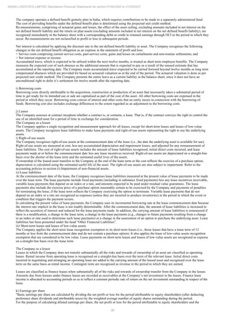 86
ADANI LOGISTICS LIMITED Standalone Financial Statements for period 01/04/2020 to 31/03/2021
The company operates a defined benefit gratuity plan in India, which requires contributions to be made to a separately administered fund.
The cost of providing benefits under the defined benefit plan is determined using the projected unit credit method.
Re-measurements, comprising of actuarial gains and losses, the effect of the asset ceiling, excluding amounts included in net interest on the
net defined benefit liability and the return on plan assets (excluding amounts included in net interest on the net defined benefit liability), are
recognised immediately in the balance sheet with a corresponding debit or credit to retained earnings through OCI in the period in which they
occur. Re-measurements are not reclassified to profit or loss in subsequent periods.
Net interest is calculated by applying the discount rate to the net defined benefit liability or asset. The Company recognises the following
changes in the net defined benefit obligation as an expense in the statement of profit and loss:
> Service costs comprising current service costs, past-service costs, gains and losses on curtailments and non-routine settlements; and
> Net interest expense or income
Accumulated leave, which is expected to be utilised within the next twelve months, is treated as short term employee benefits. The Company
measures the expected cost of such absence as the additional amount that is expected to pay as a result of the unused estimate that has
accumulated at the reporting date. The Company treats accumulated leave expected to be carried forward beyond twelve months as long term
compensated absences which are provided for based on actuarial valuation as at the end of the period. The actuarial valuation is done as per
projected unit credit method. The Company presents the entire leave as a current liability in the balance sheet, since it does not have an
unconditional right to defer it’s settlement for twelve month after the reporting date.
i) Borrowing costs
Borrowing costs directly attributable to the acquisition, construction or production of an asset that necessarily takes a substantial period of
time to get ready for its intended use or sale are capitalised as part of the cost of the asset. All other borrowing costs are expensed in the
period in which they occur. Borrowing costs consist of interest and other costs that an entity incurs in connection with the borrowing of
funds. Borrowing cost also includes exchange differences to the extent regarded as an adjustment to the borrowing costs.
j) Leases
The Company assesses at contract inception whether a contract is, or contains, a lease. That is, if the contract conveys the right to control the
use of an identified asset for a period of time in exchange for consideration.
The Company as a lessee
The Company applies a single recognition and measurement approach for all leases, except for short-term leases and leases of low-value
assets. The Company recognises lease liabilities to make lease payments and right-of-use assets representing the right to use the underlying
assets.
i) Right-of-use assets
The Company recognises right-of-use assets at the commencement date of the lease (i.e., the date the underlying asset is available for use).
Right-of-use assets are measured at cost, less any accumulated depreciation and impairment losses, and adjusted for any remeasurement of
lease liabilities. The cost of right-of-use assets includes the amount of lease liabilities recognised, initial direct costs incurred, and lease
payments made at or before the commencement date less any lease incentives received. Right-of-use assets are depreciated on a straight-line
basis over the shorter of the lease term and the estimated useful lives of the assets.
If ownership of the leased asset transfers to the Company at the end of the lease term or the cost reflects the exercise of a purchase option,
depreciation is calculated using the estimated useful life of the asset. The right-of-use assets are also subject to impairment. Refer to the
accounting policies in section (i) Impairment of non-financial assets.
ii) Lease liabilities
At the commencement date of the lease, the Company recognises lease liabilities measured at the present value of lease payments to be made
over the lease term. The lease payments include fixed payments (including in substance fixed payments) less any lease incentives receivable,
variable lease payments that depend on an index or a rate, and amounts expected to be paid under residual value guarantees. The lease
payments also include the exercise price of a purchase option reasonably certain to be exercised by the Company and payments of penalties
for terminating the lease, if the lease term reflects the Company exercising the option to terminate. Variable lease payments that do not
depend on an index or a rate are recognised as expenses (unless they are incurred to produce inventories) in the period in which the event or
condition that triggers the payment occurs.
In calculating the present value of lease payments, the Company uses its incremental borrowing rate at the lease commencement date because
the interest rate implicit in the lease is not readily determinable. After the commencement date, the amount of lease liabilities is increased to
reflect the accretion of interest and reduced for the lease payments made. In addition, the carrying amount of lease liabilities is remeasured if
there is a modification, a change in the lease term, a change in the lease payments (e.g., changes to future payments resulting from a change
in an index or rate used to determine such lease payments) or a change in the assessment of an option to purchase the underlying asset. Lease
liabilities has been presented under the head “Other Financial Liabilities”.
iii) Short-term leases and leases of low-value assets
The Company applies the short-term lease recognition exemption to its short-term leases (i.e., those leases that have a lease term of 12
months or less from the commencement date and do not contain a purchase option). It also applies the lease of low-value assets recognition
exemption that are considered to be low value. Lease payments on short-term leases and leases of low-value assets are recognised as expense
on a straight-line basis over the lease term.
The Company as a lessor
Leases in which the Company does not transfer substantially all the risks and rewards of ownership of an asset are classified as operating
leases. Rental income from operating lease is recognised on a straight-line basis over the term of the relevant lease. Initial direct costs
incurred in negotiating and arranging an operating lease are added to the carrying amount of the leased asset and recognised over the lease
term on the same basis as rental income. Contingent rents are recognised as revenue in the period in which they are earned.
Leases are classified as finance leases when substantially all of the risks and rewards of ownership transfer from the Company to the lessee.
Amounts due from lessees under finance leases are recorded as receivables at the Company’s net investment in the leases. Finance lease
income is allocated to accounting periods so as to reflect a constant periodic rate of return on the net investment outstanding in respect of the
lease.
k) Earnings per share
"Basic earnings per share are calculated by dividing the net profit or loss for the period attributable to equity shareholders (after deducting
preference share dividends and attributable taxes) by the weighted average number of equity shares outstanding during the period.
For the purpose of calculating diluted earnings per share, the net profit or loss for the period attributable to equity shareholders and the
 