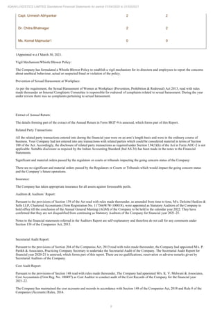 9
ADANI LOGISTICS LIMITED Standalone Financial Statements for period 01/04/2020 to 31/03/2021
Capt. Unmesh Abhyankar 2 2
Dr. Chitra Bhatnagar 2 2
Ms. Komal Majmudar1 0 0
1Appointed w.e.f March 30, 2021.
Vigil Mechanism/Whistle Blower Policy:
The Company has formulated a Whistle Blower Policy to establish a vigil mechanism for its directors and employees to report the concerns
about unethical behaviour, actual or suspected fraud or violation of the policy.
Prevention of Sexual Harassment at Workplace:
As per the requirement, the Sexual Harassment of Women at Workplace (Prevention, Prohibition & Redressal) Act 2013, read with rules
made thereunder an Internal Complaints Committee is responsible for redressal of complaints related to sexual harassment. During the year
under review there was no complaints pertaining to sexual harassment.
Extract of Annual Return:
The details forming part of the extract of the Annual Return in Form MGT-9 is annexed, which forms part of this Report.
Related Party Transactions:
All the related party transactions entered into during the financial year were on an arm’s length basis and were in the ordinary course of
business. Your Company had not entered into any transactions with related parties which could be considered material in terms of Section
188 of the Act. Accordingly, the disclosure of related party transactions as required under Section 134(3)(h) of the Act in Form AOC-2 is not
applicable. Suitable disclosure as required by the Indian Accounting Standard (Ind AS 24) has been made in the notes to the Financial
Statements.
Significant and material orders passed by the regulators or courts or tribunals impacting the going concern status of the Company:
There are no significant and material orders passed by the Regulators or Courts or Tribunals which would impact the going concern status
and the Company’s future operations.
Insurance:
The Company has taken appropriate insurance for all assets against foreseeable perils.
Auditors & Auditors’ Report:
Pursuant to the provisions of Section 139 of the Act read with rules made thereunder, as amended from time to time, M/s. Deloitte Haskins &
Sells LLP, Chartered Accountants (Firm Registration No. 117366W/W-100018), were appointed as Statutory Auditors of the Company to
hold office till the conclusion of the Annual General Meeting (AGM) of the Company to be held in the calendar year 2022. They have
confirmed that they are not disqualified from continuing as Statutory Auditors of the Company for financial year 2021-22.
Notes to the financial statements referred in the Auditors Report are self-explanatory and therefore do not call for any comments under
Section 134 of the Companies Act, 2013.
Secretarial Audit Report:
Pursuant to the provisions of Section 204 of the Companies Act, 2013 read with rules made thereunder, the Company had appointed M/s. P.
Parikh & Associates, Practicing Company Secretary to undertake the Secretarial Audit of the Company. The Secretarial Audit Report for
financial year 2020-21 is annexed, which forms part of this report. There are no qualifications, reservation or adverse remarks given by
Secretarial Auditors of the Company.
Cost Audit Report:
Pursuant to the provisions of Section 148 read with rules made thereunder, The Company had appointed M/s. K. V. Melwani & Associates,
Cost Accountants (Firm Reg. No. 100497) as Cost Auditor to conduct audit of the Cost Records of the Company for the financial year
2021-22.
The Company has maintained the cost accounts and records in accordance with Section 148 of the Companies Act, 2018 and Rule 8 of the
Companies (Accounts) Rules, 2014.
 