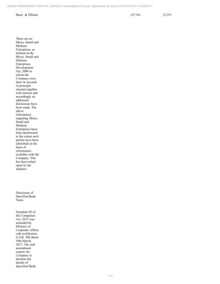 172
ADANI PROPERTIES PRIVATE LIMITED Consolidated Financial Statements for period 01/04/2016 to 31/03/2017
Basic & Diluted (27.14) (2.35)
There are no
Micro, Small and
Medium
Enterprises, as
defined in the
Micro, Small and
Medium
Enterprises
Development
Act, 2006 to
whom the
Company owes
dues on account
of principle
amount together
with interest and
accordingly no
additional
disclosures have
been made. The
above
information
regarding Micro,
Small and
Medium
Enterprises have
been determined
to the extent such
parties have been
identified on the
basis of
information
available with the
Company. This
has been relied
upon by the
auditors.
Disclosure of
Specified Bank
Notes
Schedule III of
the Companies
Act, 2013 was
amended by
Ministry of
Corporate Affairs
vide notification
G.S.R. 308 dated
30th March,
2017. The said
amendment
require the
Company to
disclose the
details of
Specified Bank
 